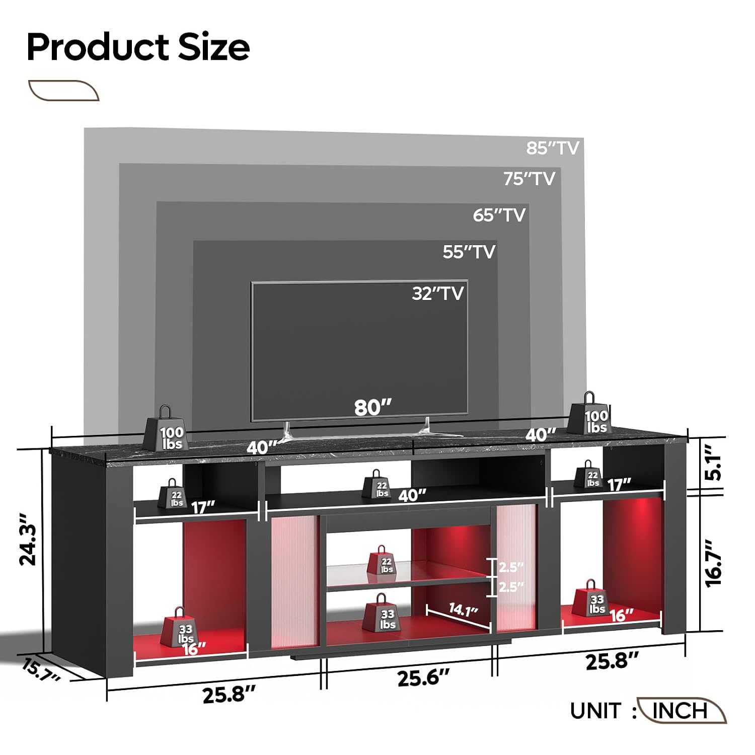Gaming Console Tv Stand - حامل تلفزيون 80 بوصة، مركز ترفيهي